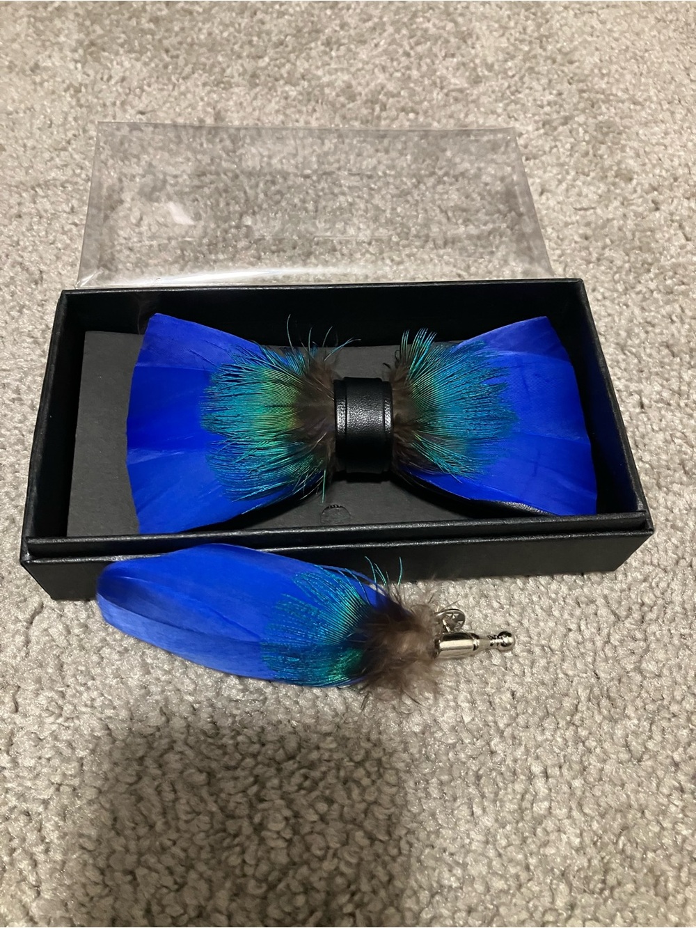 Electric Blue Feather Bow Tie with Peacock Accents lapel pin